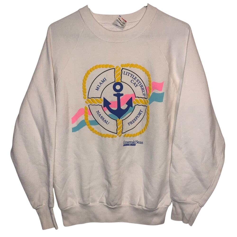 Vintage Emerald Seas Sailing Fruit of the Loom White Sweatshirt M USA